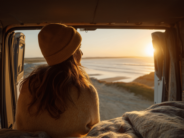 Woman in back of Campervan looking at sunset